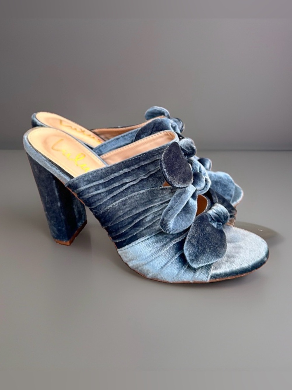 Lulus Mikeyy Blue Velvet 3Knot Bow Block Heel Y2K Glam Sandals~7.5
